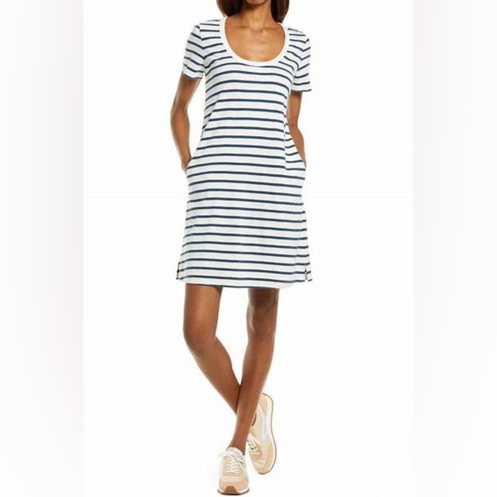 NWT Faherty Merritt Scoop Neck Tee Dress Large Amagansett Navy/Ivory Stripe